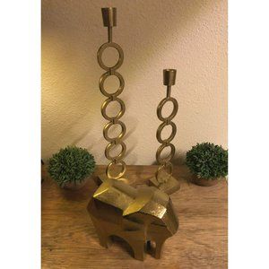 Set of 2 MCM Gold DieCast Metal Candleholders VTG Art Abstract Hollywood Regency